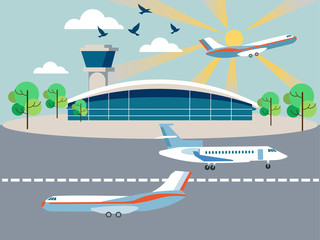 Airport, air transport. Building and airplanes. In minimalist style. Cartoon flat raster