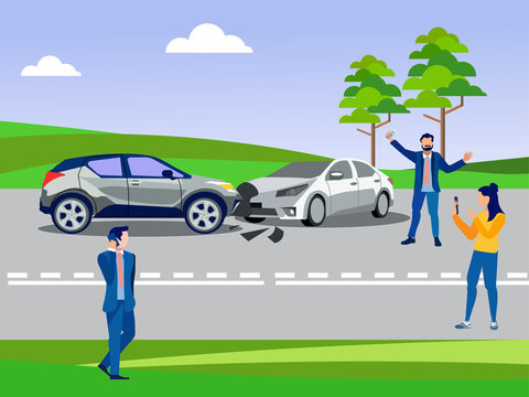 Accident on the road, crash two cars collided. In minimalist style. Cartoon flat