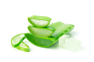 Aloe vera  leaf cut sliced isolated on white background. High benefit as an herb with medicinal properties, copy space