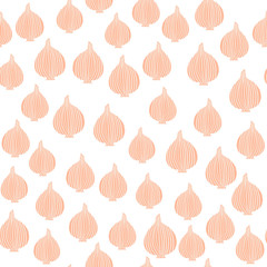 Doodle onion seamless pattern on white background. Organic texture.