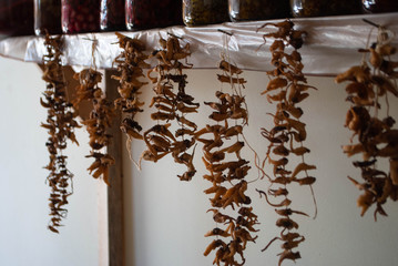 Salep orchid hanging on a rope in a local street market in the village. Dried herbs and spices shop. Herbs for medical treatment. Exploring villages of Azerbaijan