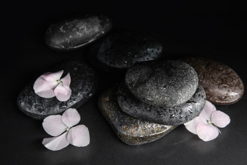 Fototapeta na wymiar Stones and flowers in water on grey background. Zen lifestyle