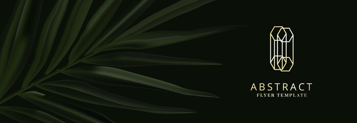 Dark palm leaves plant, realistic vector on black background. Wide horizontal banner. Realistic vector tropical advertising illustration, palnt on header with golden logo branding design