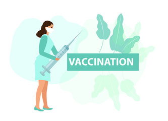 Nurse with syringe. Vaccination protection against virus. Coronavirus concept icon flat style. Isolated on a white background. Vector illustration