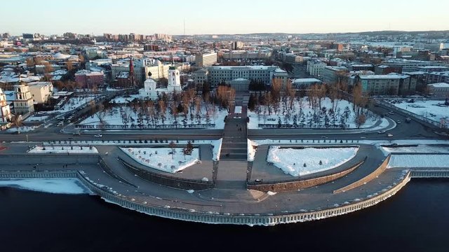 Aerial view of Irkutsk cityscape with Angara river. Irkutsk is one of the largest cities in Siberia, Russia. 