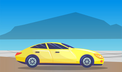 Fototapeta na wymiar Car driving along mountains chain or cityscape in distance. Natural landscape with vehicle on road. Haze by street. Seascape with townscape. Skyline and moving transport. Vector in flat style