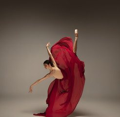 Passioned in motion. Graceful classic ballerina dancing on grey studio background. Deep red cloth. The grace, artist, movement, action and motion concept. Looks weightless, flexible. Fashion, style.