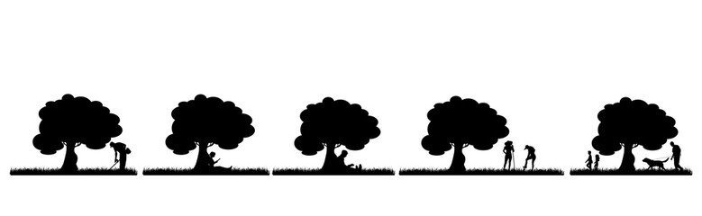 Collection of vector silhouette of people in different situation on meadow on white background. Symbol of nature and work.