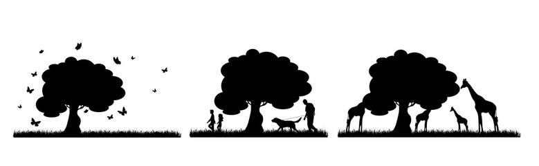 Collection of vector silhouette of animal on meadow on white background. Symbol of nature and wild.
