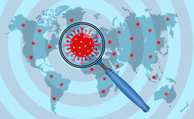 Corona virus and magnifier icon on world map