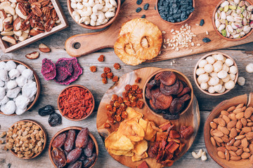Mix of dried fruits and nuts -brazil nuts, cashew, pecan, almonds, macadamia, pine nuts, hazelnuts, pineapple, raisins, dates, dried apricots, goji, papaya, figs, mulberry on wooden background.Top