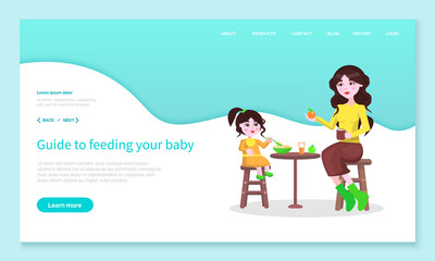 Woman and kid eating healthy food, fruits and drinking apple juice. Mother feeding baby sitting by table. Mom taking care of child at breakfast. Website or webpage template, landing page vector