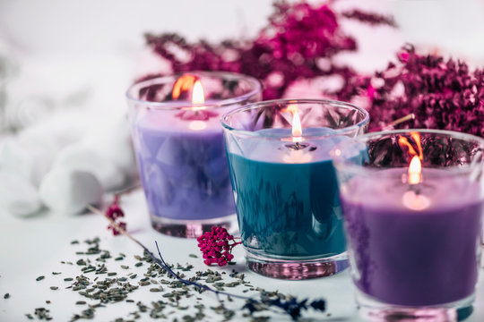 Aromatic Purple and Blue Scented Candles with Lavender Decoration