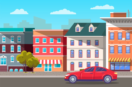 Cityscape with houses and decorative trees by road with driving car. Transport on way in town. Townscape in fair weather. Traveling in new place on vacation using vehicle. Vector in flat style
