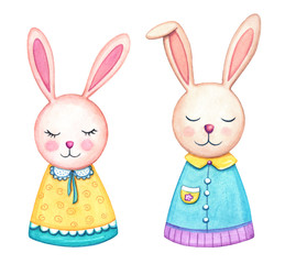 Bunny couple, Easter animals elements, isolated on white background. isolated on white background. Cute, hand painted, watercolor clip art illustration. Seasonal, Easter or spring background.