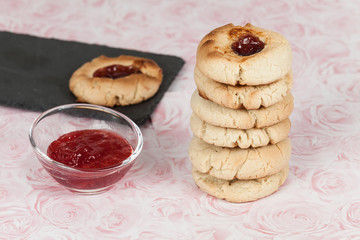 Tasty butter cookies with jam point; homemade cookies.