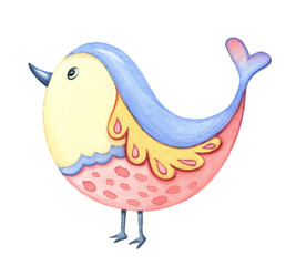 Cute bird illustration, isolated on white background. Watercolor clip art element, suitable for childish projects, springtime or Easter designs.