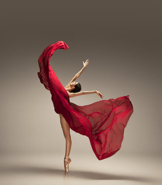 Naklejki Free flight. Graceful classic ballerina dancing on grey studio background. Deep red cloth. The grace, artist, movement, action and motion concept. Looks weightless, flexible. Fashion, style.