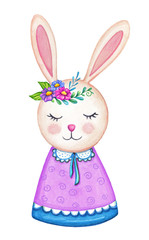 Easter bunny girl, animal element, isolated on white background. Cute, hand painted, watercolor clip art illustration. Seasonal, Easter or spring background.