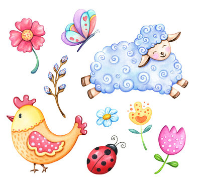 Collection of spring and Easter watercolor elements, isolated on white background. Cute, hand drawn cartoon icons, flowers, sheep, chick, lady bug.