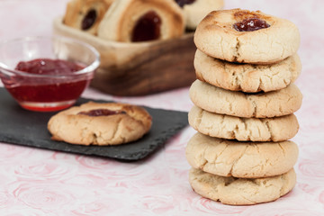Tasty butter cookies with jam point; homemade cookies.