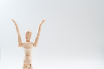 Raising Hands, Wooden dummy, Raising Hands on whiteBackground, copy space for your object or text