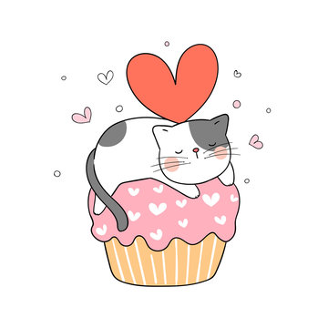 Draw cute cat sleeping on cupcake for birthday.