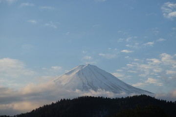 The top hill Fuji Mountain snow with blue sky, Close up