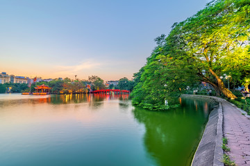 Fototapeta na wymiar The Huc Bridge in the Lake of the Returned Sword, Vietnam