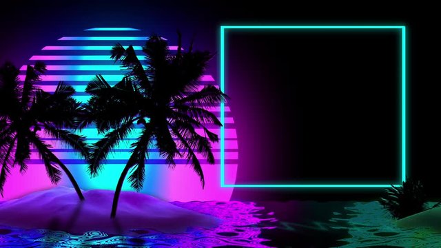Palms in the beach, 80' vibes, backgorund Loop, 3d render, abstract, space for texts and images, neon