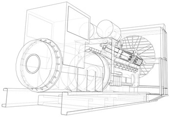 Gas-engine. Gas engine is an internal combustion engine which runs on a gas fuel. Wire-frame line isolated on white. Vector rendering of 3d.