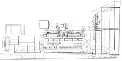 High voltage industrial standby dieasel generator at a power generation. The layers of visible and invisible lines are separated. EPS10 format. Wire-frame.
