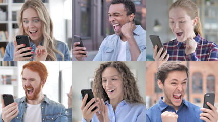The Collage of Young People Excited for Win while Using Smartphone