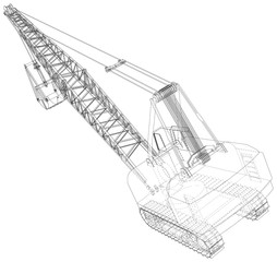 Dragline walking excavator with a ladle. Vector illustration. Vector rendering of 3d. Wire-frame style.