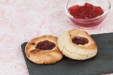 Tasty butter cookies with jam point; homemade cookies.