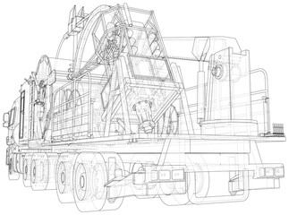 Wire-frame line coiled tubing truck isolated on white. Vector rendering of 3d.
