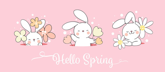Draw banner cute rabbit and flower in hole For Easter and spring.