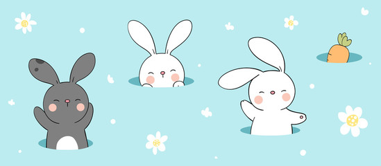 Draw banner rabbit and carrot in hole on blue color.