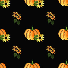 watercolor illustration. hand painted. seamless pattern of ripe pumpkins and sunflowers on a black background.