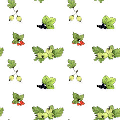watercolor illustration. hand painted. Seamless pattern of red currant, black currant, gooseberry.