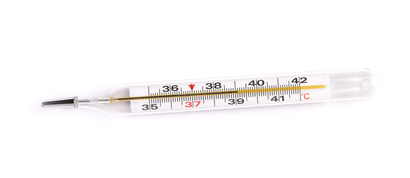 Medical mercury thermometer, isolated on white background with clipping path. Temperature 39