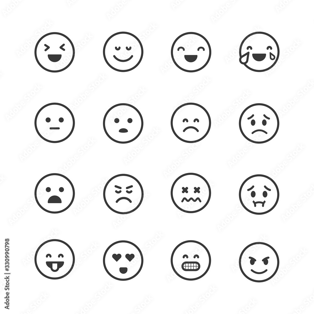 Poster set of linear emoji vector icons. flat emotion signs. comment reactions. simple cartoon face emotion