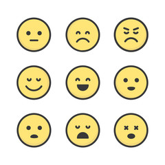 Set of simple flat emoji icons. Emoticons collection vector design. Cute emotion stickers.