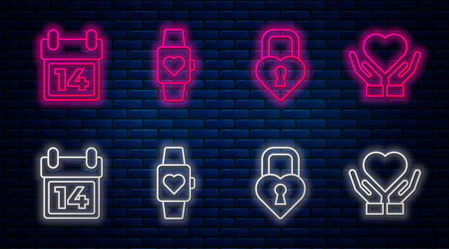 Set line Heart in the center wrist watch, Castle in the shape of a heart, Calendar with February 14 and Heart on hand. Glowing neon icon on brick wall. Vector