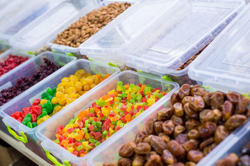 general plan of the store counter, with dried fruits. Healthy Food, Proper Nutrition, Natural Foods, Vegetarian Ingredients