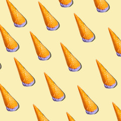 Waffle cone with purple lilac ice cream pattern