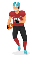 Obraz premium Man playing gridiron game running with ball in hands. Athlete or college student playing american football. Male personage, strong team player participating in competition. Vector in flat style