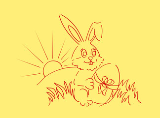  outline rabbit illustration, bunny holding egg gift, bunny with chocolate egg, easter bunny in a nature, happy bunny