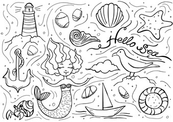 Sea set isolated on white background. Back and white vector illustration. Hello sea. Template for greeting card, postcard, print, coloring book.