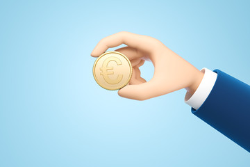 Cartoon hand in blue suit holding gold euro coin. Concept of  donation and investment.